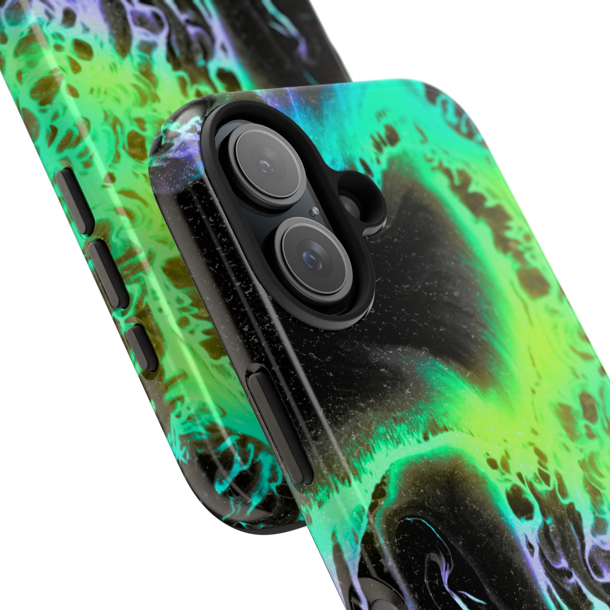 Abstract Neon Swirl Tough Phone Case — Protective iPhone Cover with Green & Purple Marble Design
