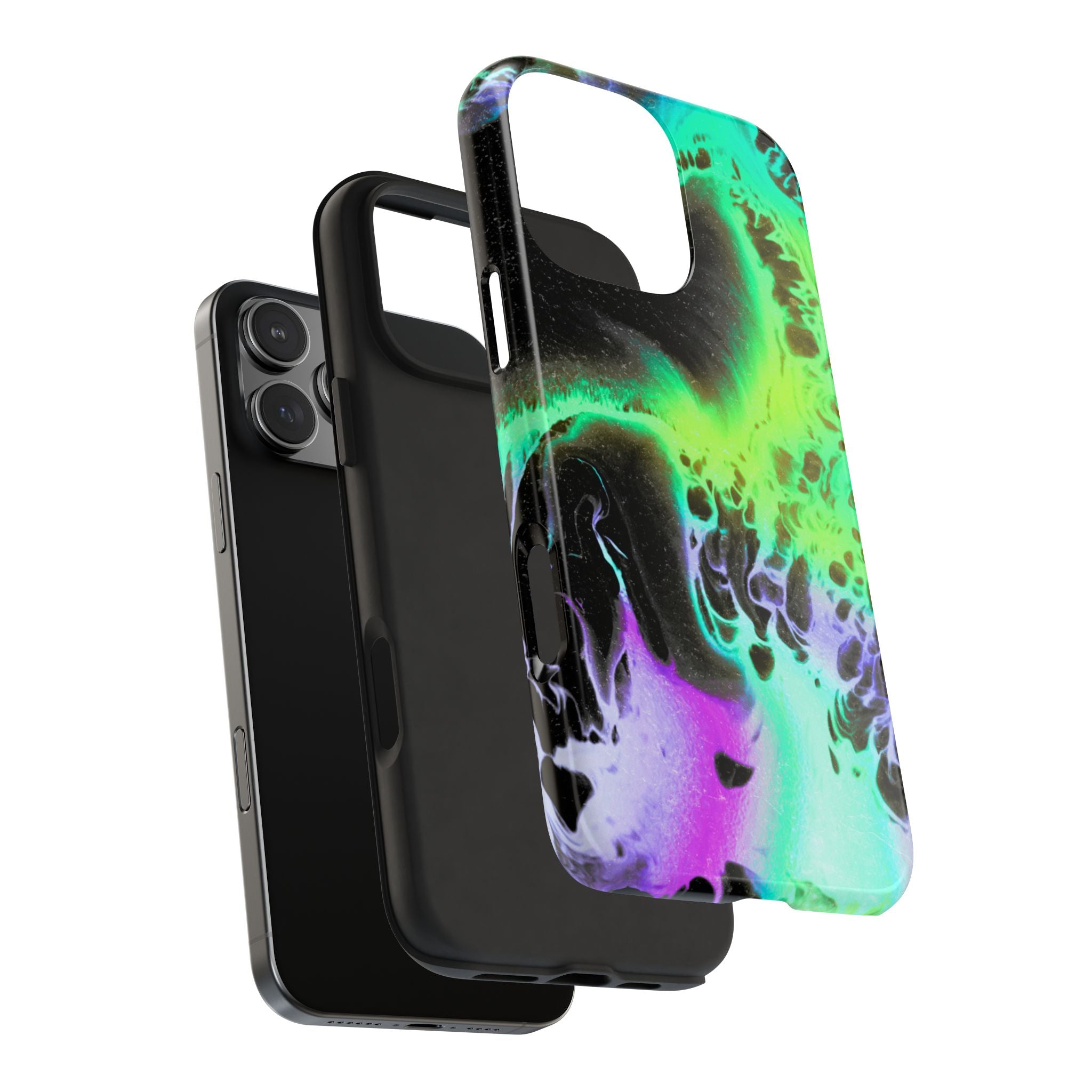 Abstract Neon Swirl Tough Phone Case — Protective iPhone Cover with Green & Purple Marble Design