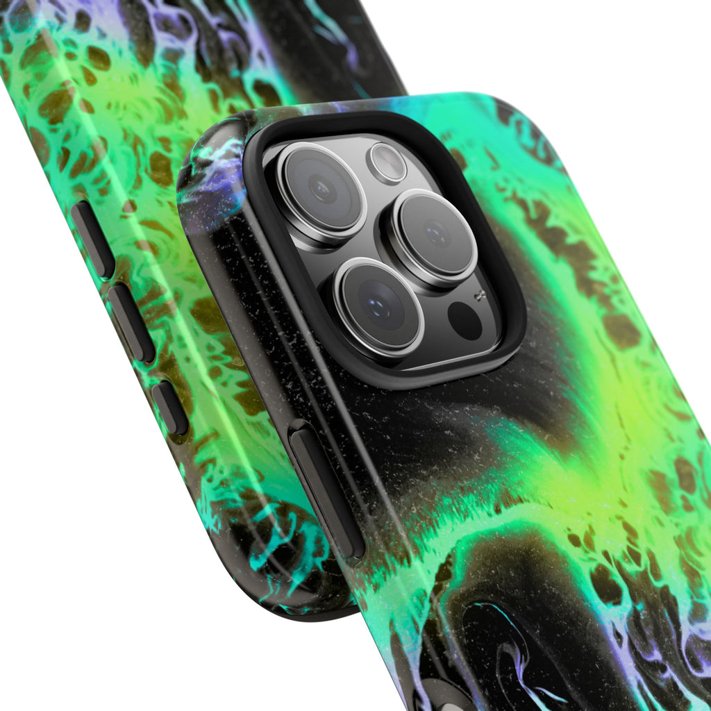 Abstract Neon Swirl Tough Phone Case — Protective iPhone Cover with Green & Purple Marble Design