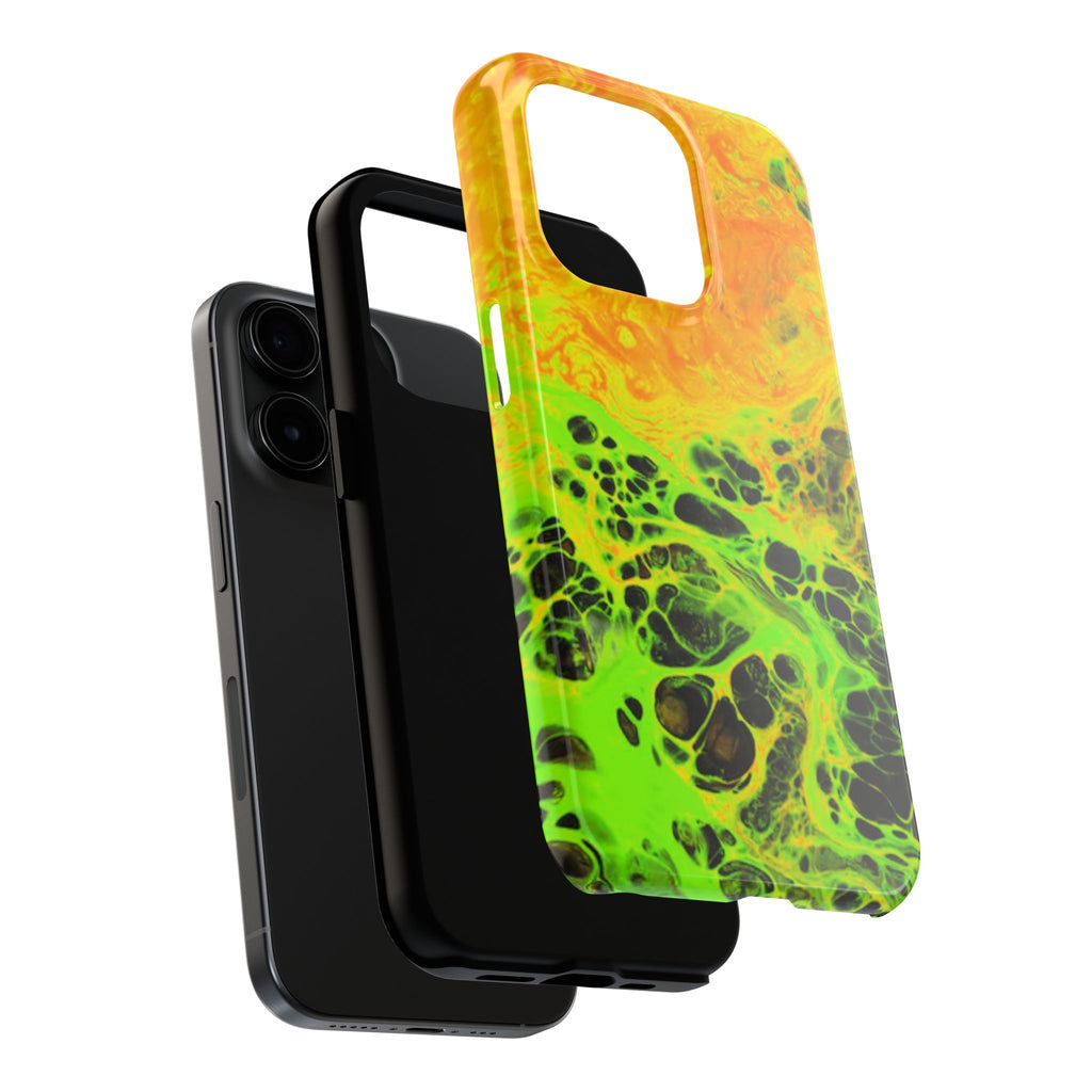 Neon Cell Abstract Tough Phone Case | Green Orange Fluid Art