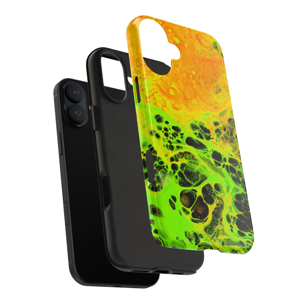 Neon Cell Abstract Tough Phone Case | Green Orange Fluid Art