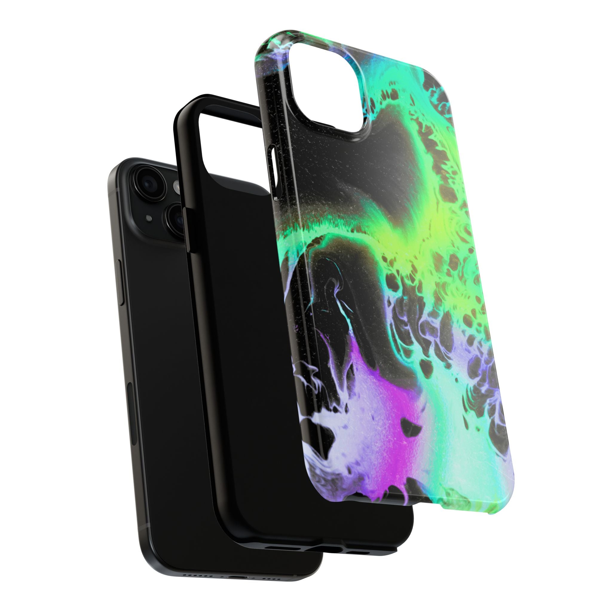 Abstract Neon Swirl Tough Phone Case — Protective iPhone Cover with Green & Purple Marble Design