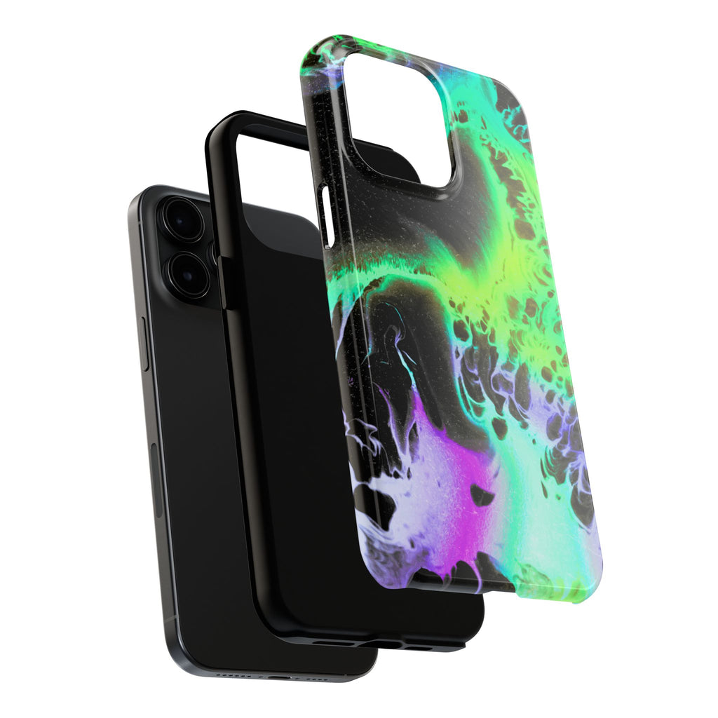 Abstract Neon Swirl Tough Phone Case — Protective iPhone Cover with Green & Purple Marble Design