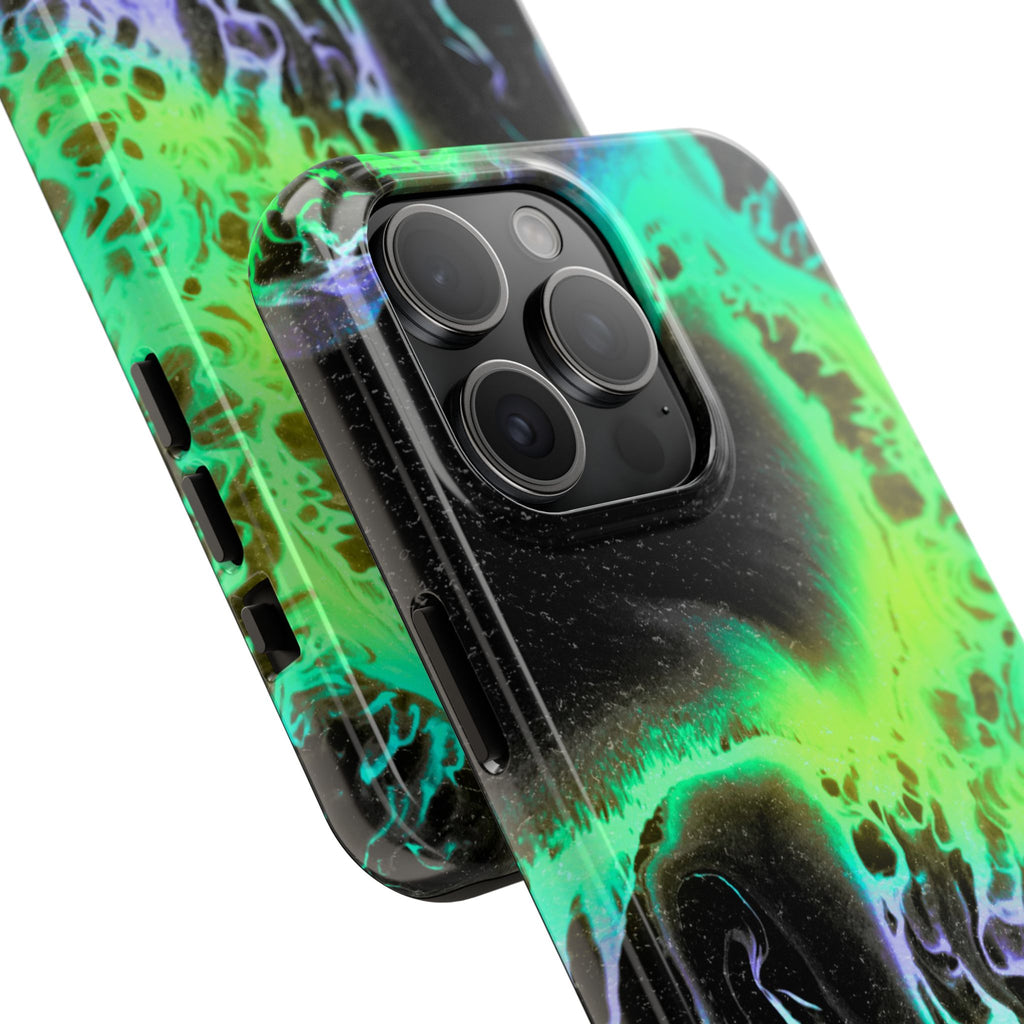 Abstract Neon Swirl Tough Phone Case — Protective iPhone Cover with Green & Purple Marble Design