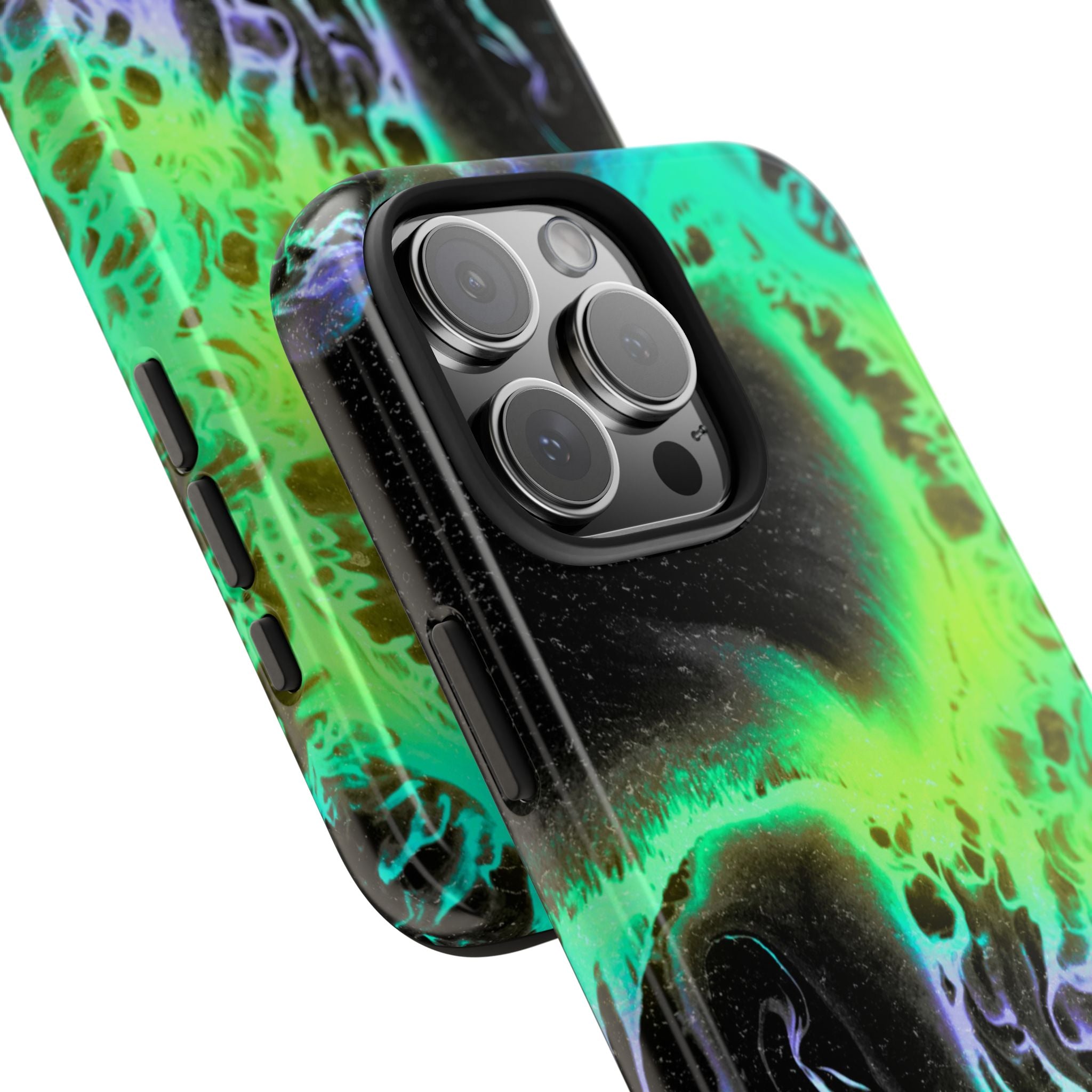 Abstract Neon Swirl Tough Phone Case — Protective iPhone Cover with Green & Purple Marble Design