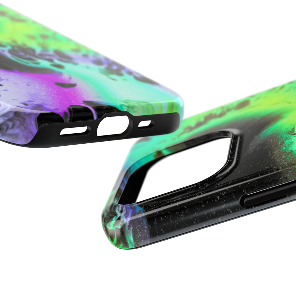 Abstract Neon Swirl Tough Phone Case — Protective iPhone Cover with Green & Purple Marble Design