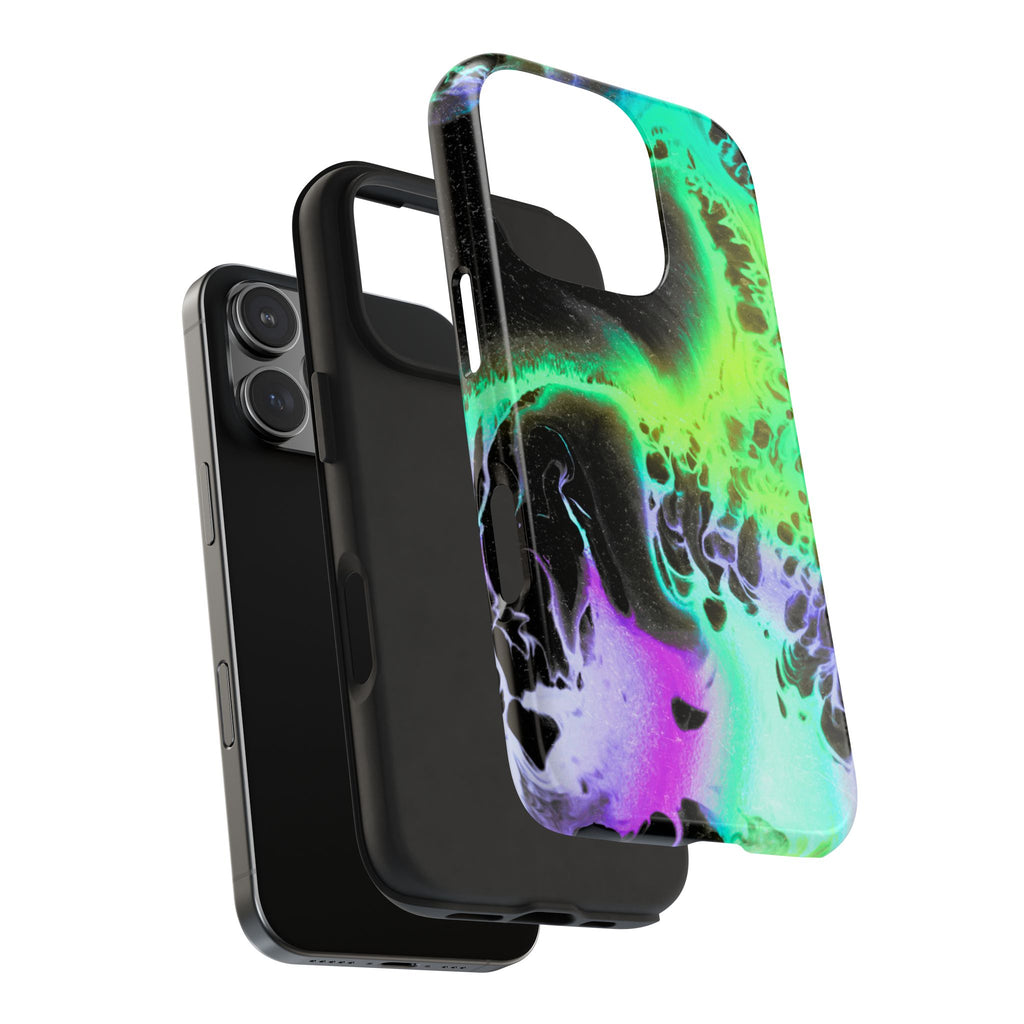 Abstract Neon Swirl Tough Phone Case — Protective iPhone Cover with Green & Purple Marble Design