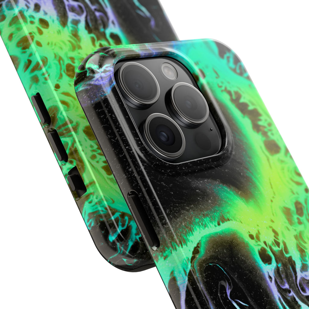 Abstract Neon Swirl Tough Phone Case — Protective iPhone Cover with Green & Purple Marble Design