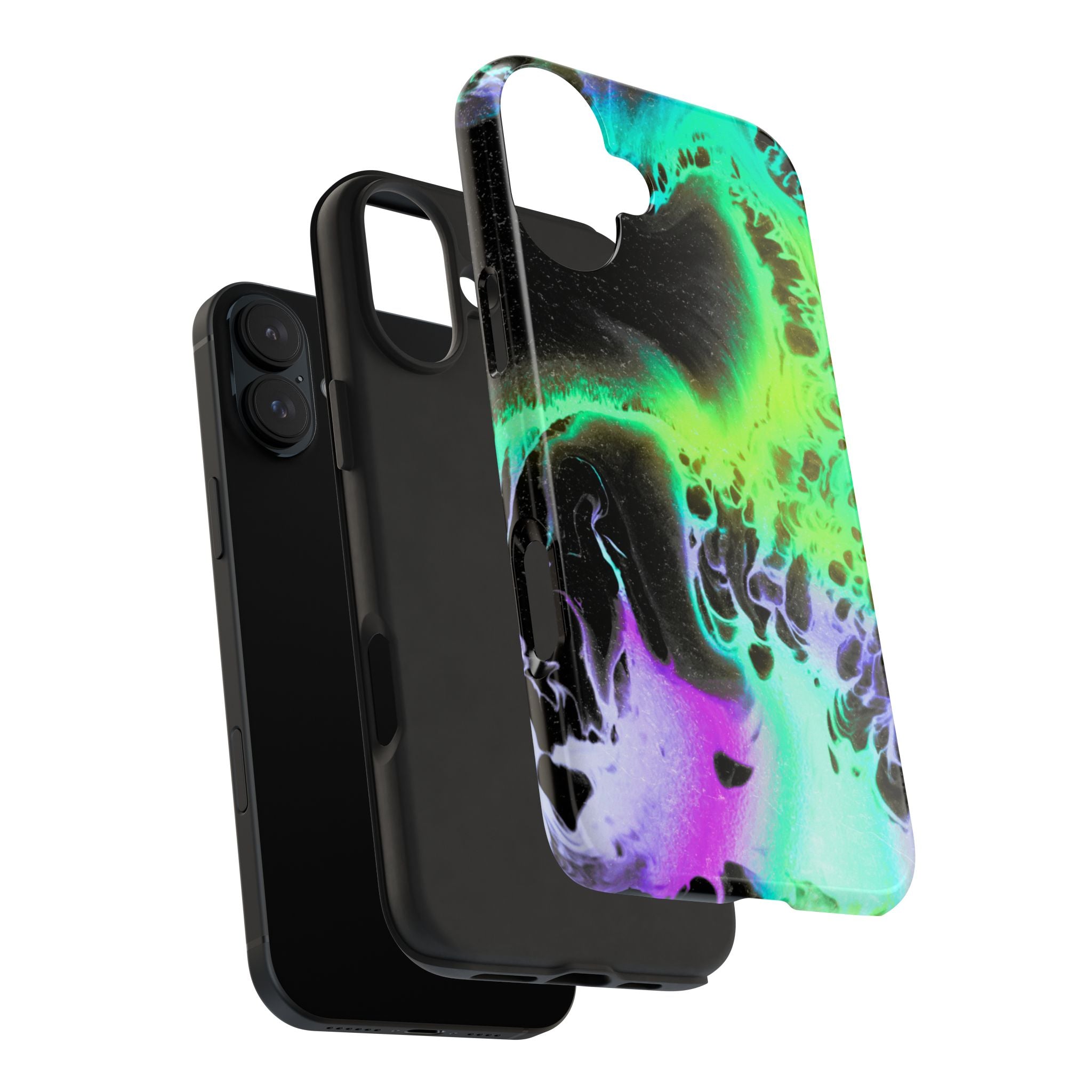 Abstract Neon Swirl Tough Phone Case — Protective iPhone Cover with Green & Purple Marble Design