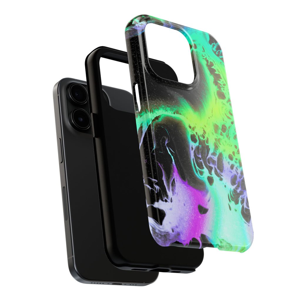 Abstract Neon Swirl Tough Phone Case — Protective iPhone Cover with Green & Purple Marble Design