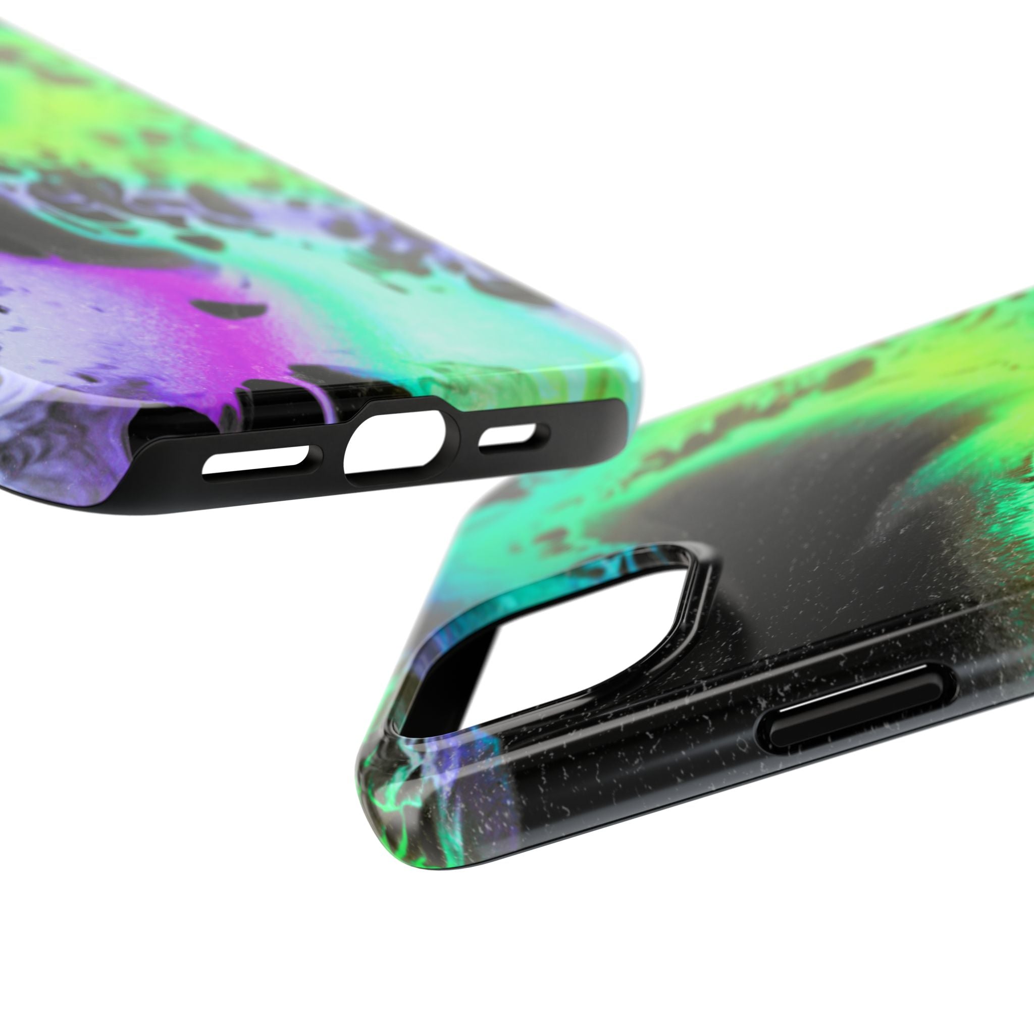 Abstract Neon Swirl Tough Phone Case — Protective iPhone Cover with Green & Purple Marble Design