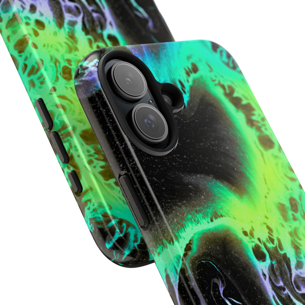 Abstract Neon Swirl Tough Phone Case — Protective iPhone Cover with Green & Purple Marble Design