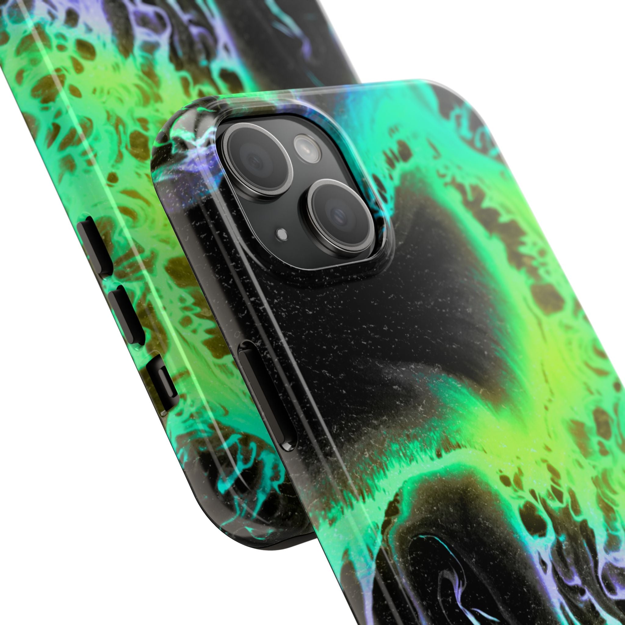 Abstract Neon Swirl Tough Phone Case — Protective iPhone Cover with Green & Purple Marble Design
