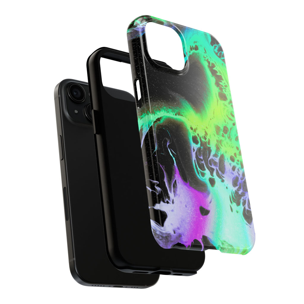 Abstract Neon Swirl Tough Phone Case — Protective iPhone Cover with Green & Purple Marble Design