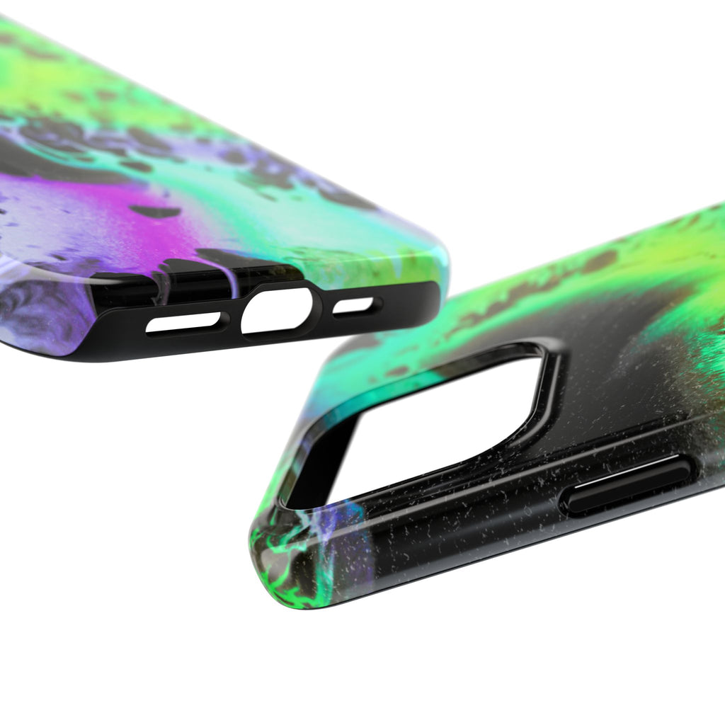 Abstract Neon Swirl Tough Phone Case — Protective iPhone Cover with Green & Purple Marble Design
